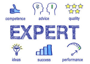 Expert Business Concept with symbols and blue text on white background